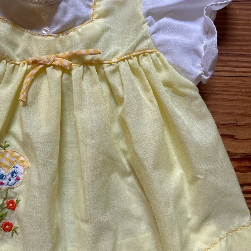 Celanese Fortrel Vintage Dress Kids Yellow Good Floral Gingham Applique SIZE‎ 6M